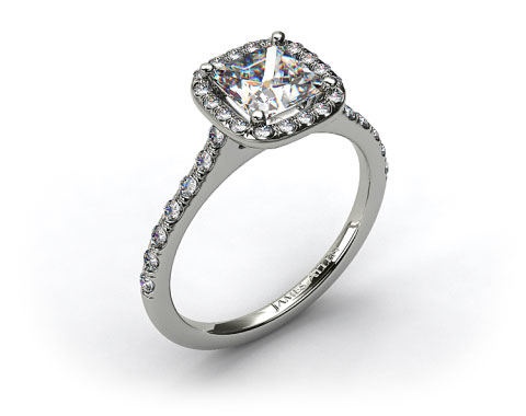 14k White Gold Pave Halo and Shank Diamond Engagement Ring (Cushion Center)